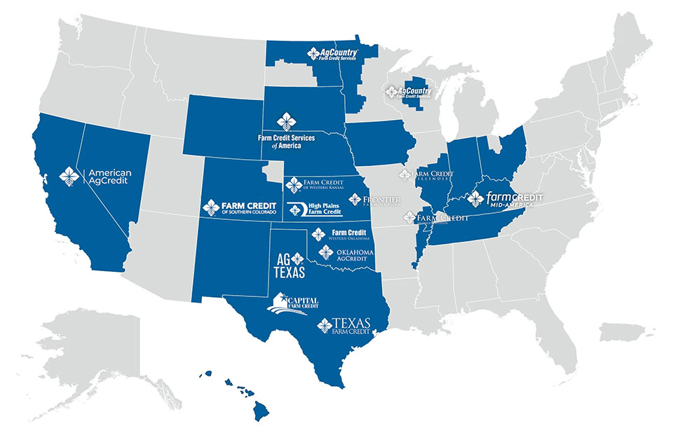 A map of the United States showing Rural 1st's service territory (in blue) and partner Farm Credit associations.